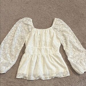 SHEIN Ivory Textured Peplum Blouse with Puff Sleeves